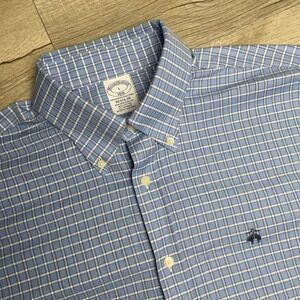 Brooks Brothers 1818 Regular Fit Non-Iron Stretch Check Shirt Mens L Blue White
